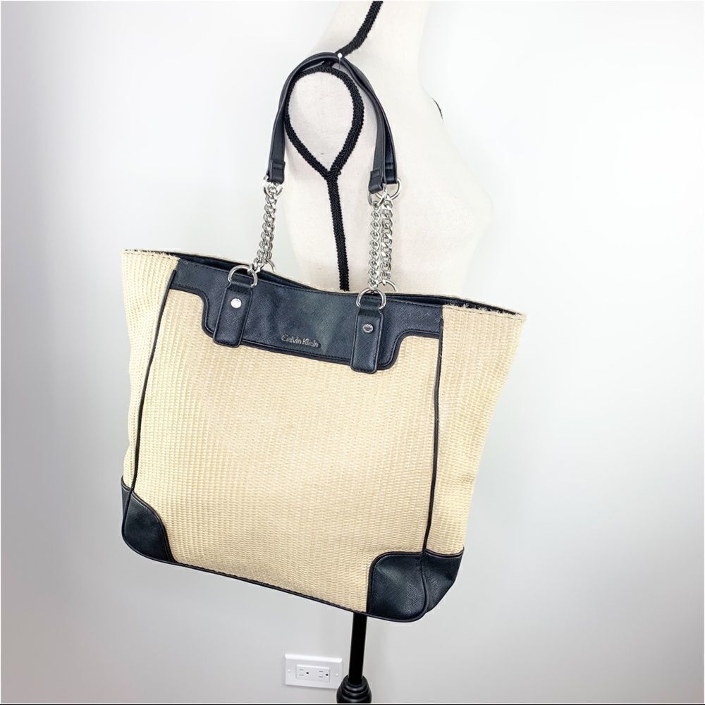 Calvin Klein Large Double Chain‎ Strap Straw Tote Bag w/Faux Leather Accents
